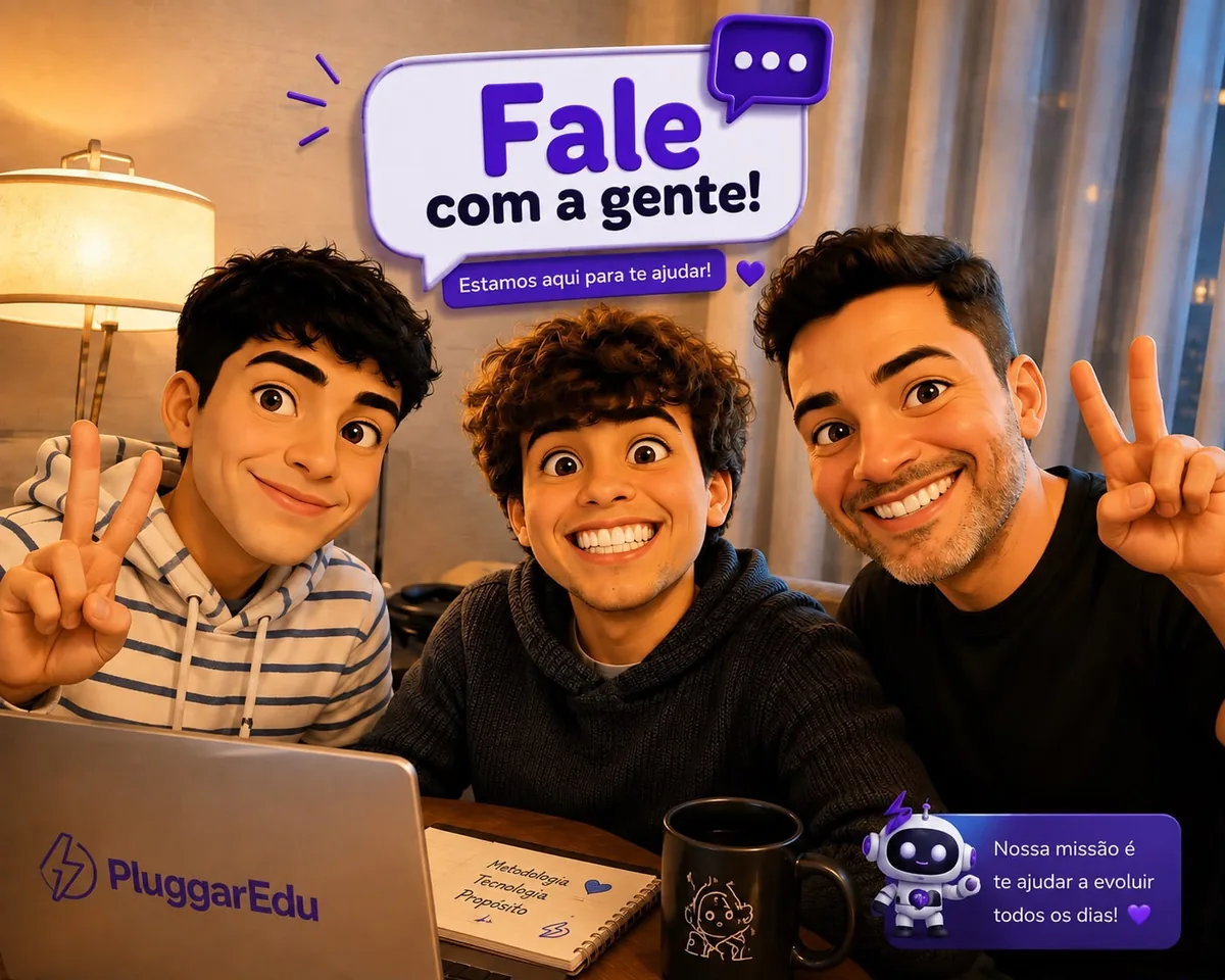 Os três cofundadores da PluggarEdu juntos, sorrindo para a câmera e fazendo sinal de paz com as mãos, diante de um notebook com a marca PluggarEdu e um caderno onde se lê “Metodologia · Tecnologia · Propósito”. Um balão no topo diz “Fale com a gente! Estamos aqui para te ajudar!”, e a Plugg, no canto, completa: “Nossa missão é te ajudar a evoluir todos os dias.”
